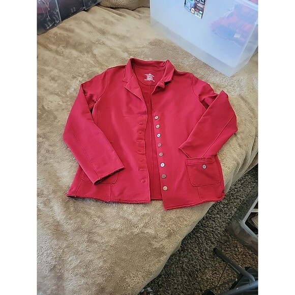 White Lotus Jersey‎ Stretch Blazer Rolled Hem Pockets Wood Metal Buttons Small - Picture 13 of 14